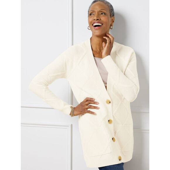 Talbots Womens Argyle Texture Cardigan Merino Wool Cashmere Sweater Cream NWT 2X - Picture 1 of 9